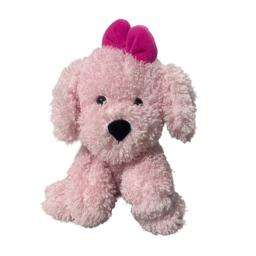 Animal Adventure 11" Puppy Dog Pink Poodle Plush Curly‎ Hair Pink Bow